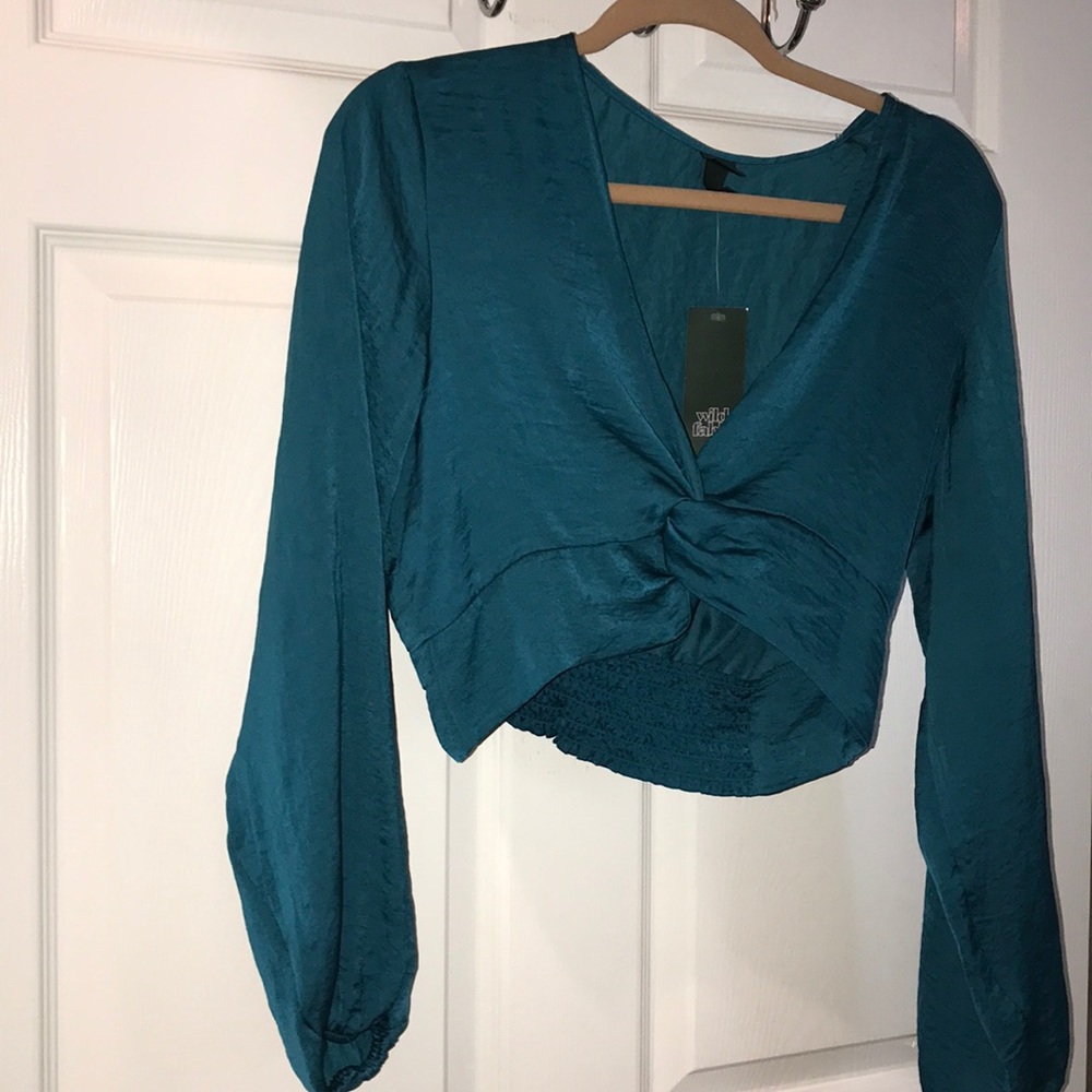 Teal silky long sleeve crop top